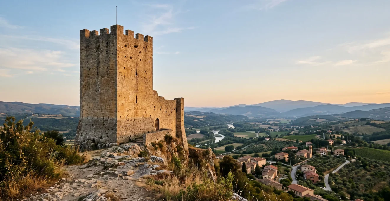 La Tour de Crest, plus haut donjon médiéval de France, illuminée par la lumière dorée du soir au-dessus de la vallée de la Drôme