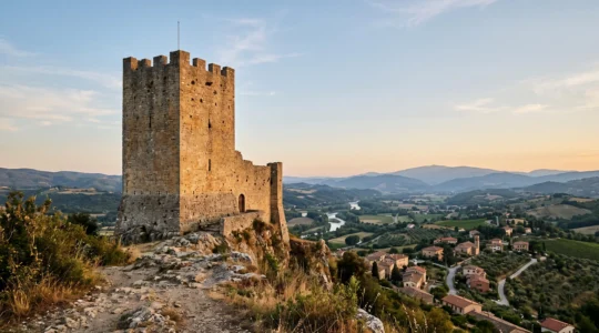 La Tour de Crest, plus haut donjon médiéval de France, illuminée par la lumière dorée du soir au-dessus de la vallée de la Drôme