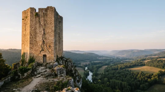 Silhouette d'une tour médiévale en pierre dominant un paysage français, symbole de la protection des monuments historiques