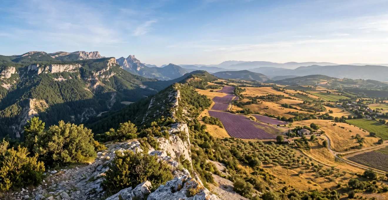 Paysage panoramique montrant la transition entre les reliefs boisés du Vercors et les collines provençales baignées de lumière dorée