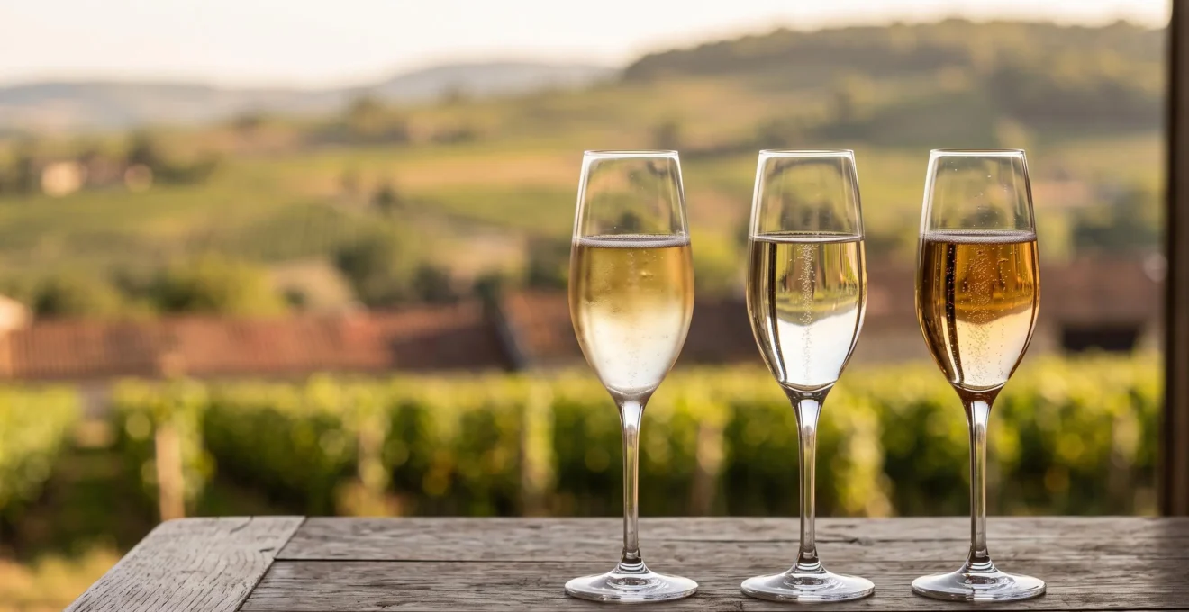 Trois verres de vin effervescent aux teintes et bulles distinctes, symbolisant la comparaison entre Clairette de Die, Crémant de Die et Champagne