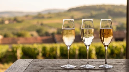 Trois verres de vin effervescent aux teintes et bulles distinctes, symbolisant la comparaison entre Clairette de Die, Crémant de Die et Champagne