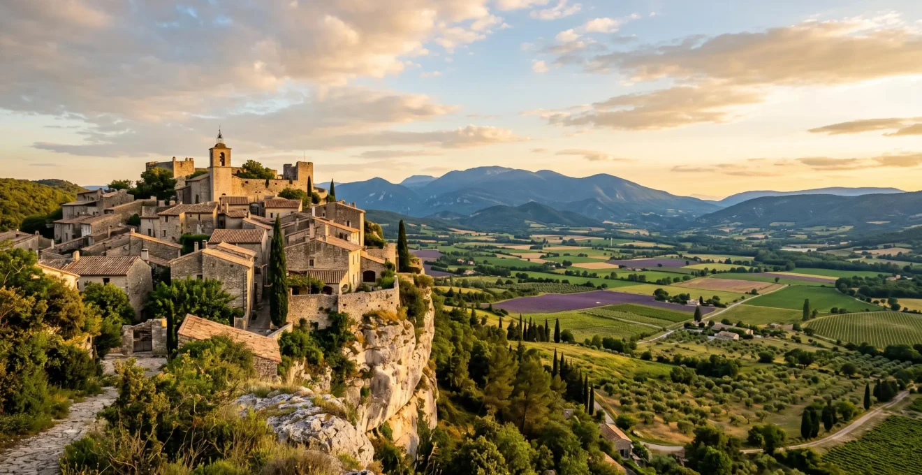 Vue panoramique d'un village perché de la Drôme au coucher du soleil, dominant la vallée et les champs de lavande