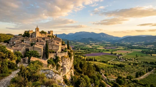 Vue panoramique d'un village perché de la Drôme au coucher du soleil, dominant la vallée et les champs de lavande