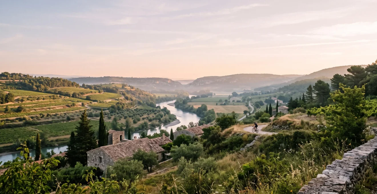 Paysage de la vallee de la Drome au lever du jour illustrant le tourisme durable et l'agriculture biologique de la Biovallee