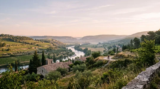 Paysage de la vallee de la Drome au lever du jour illustrant le tourisme durable et l'agriculture biologique de la Biovallee